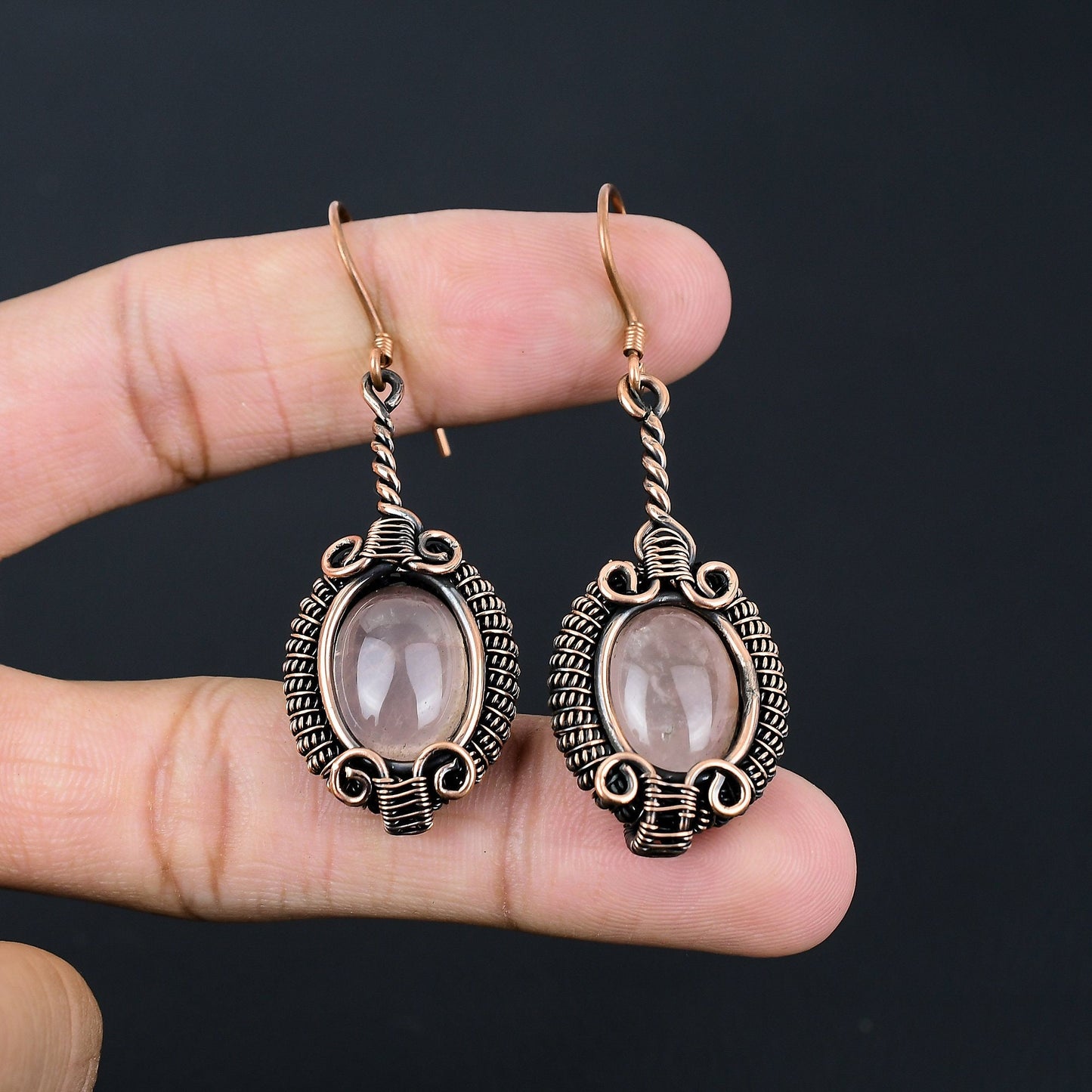 Rose Quartz Gemstone Copper Dangle Earrings