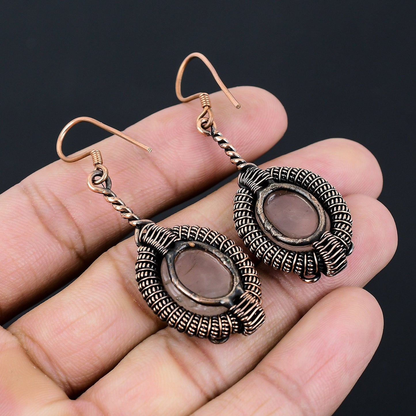Rose Quartz Gemstone Copper Dangle Earrings