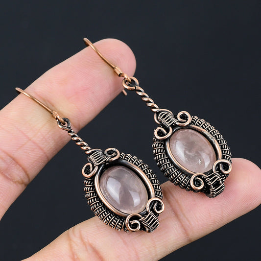 Rose Quartz Gemstone Copper Dangle Earrings