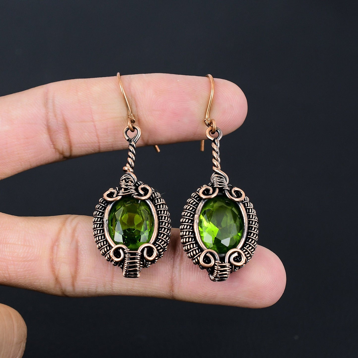 Green Peridot Gemstone Copper Dangle Earrings