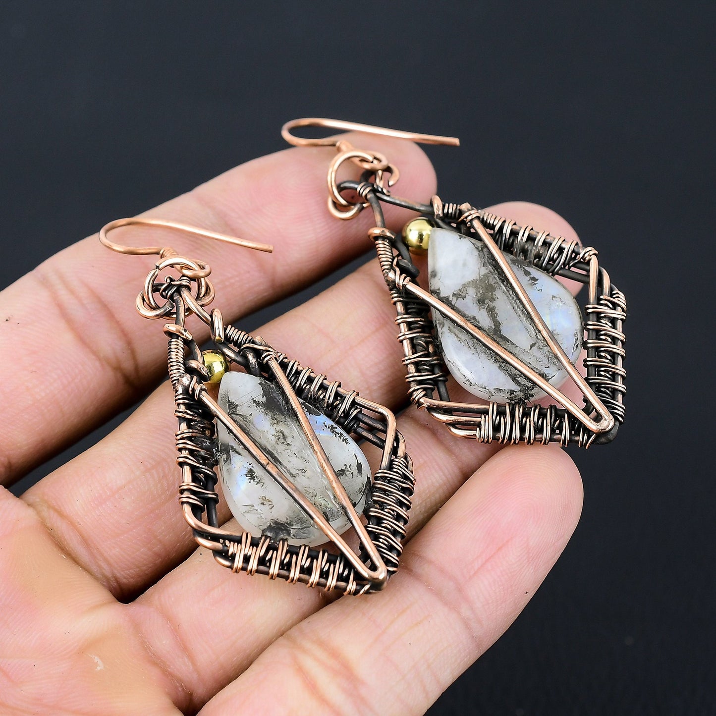 White Moonstone Gemstone Copper Wire Wrapped Earrings