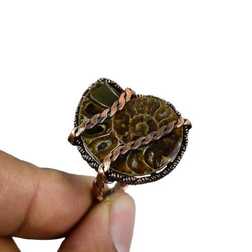 Brown Ammonite Gemstone Copper Ring