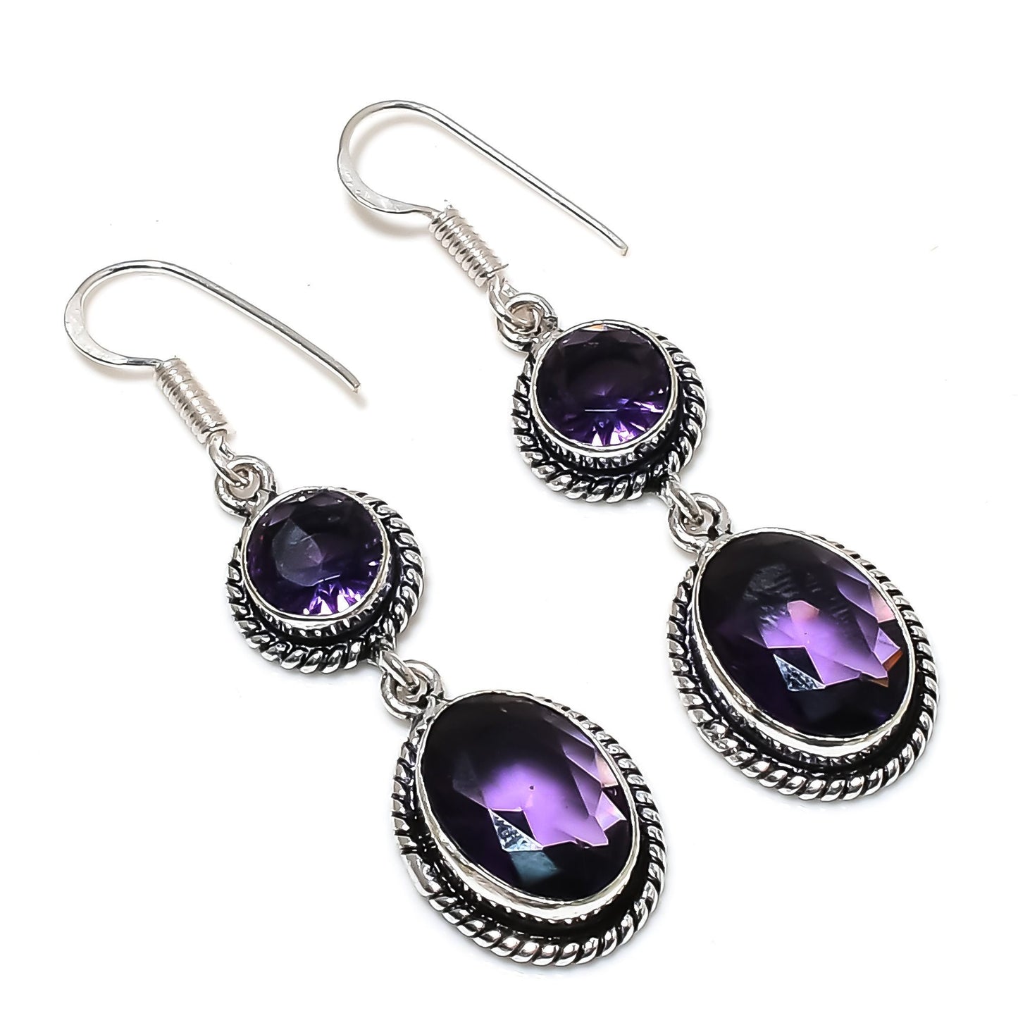 Purple Amethyst Gemstone Silver Earrings