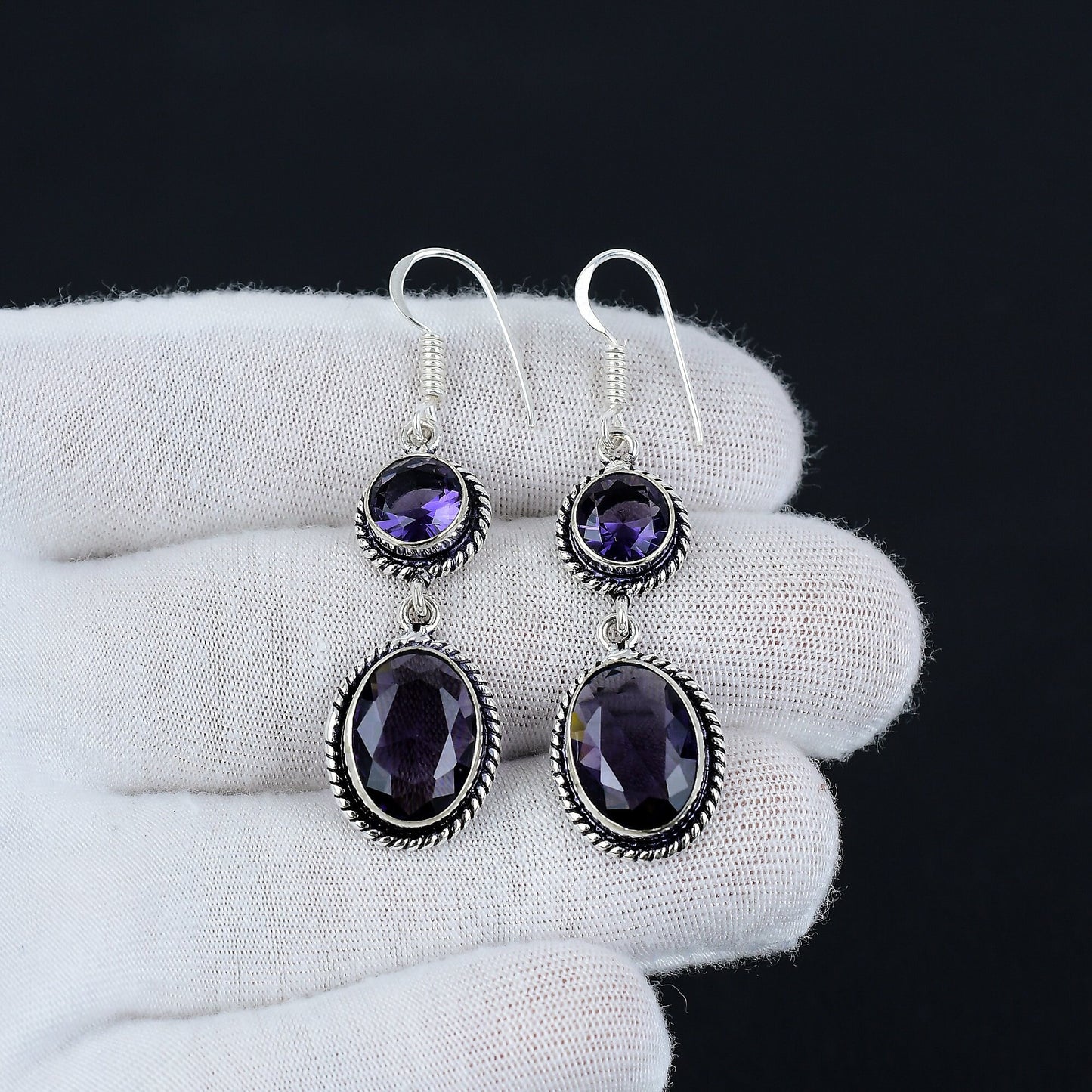 Purple Amethyst Gemstone Silver Earrings