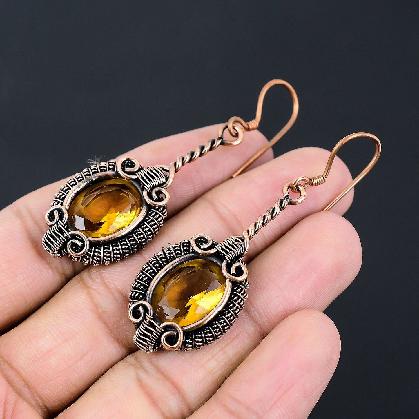 Yellow Citrine Gemstone Copper Earrings