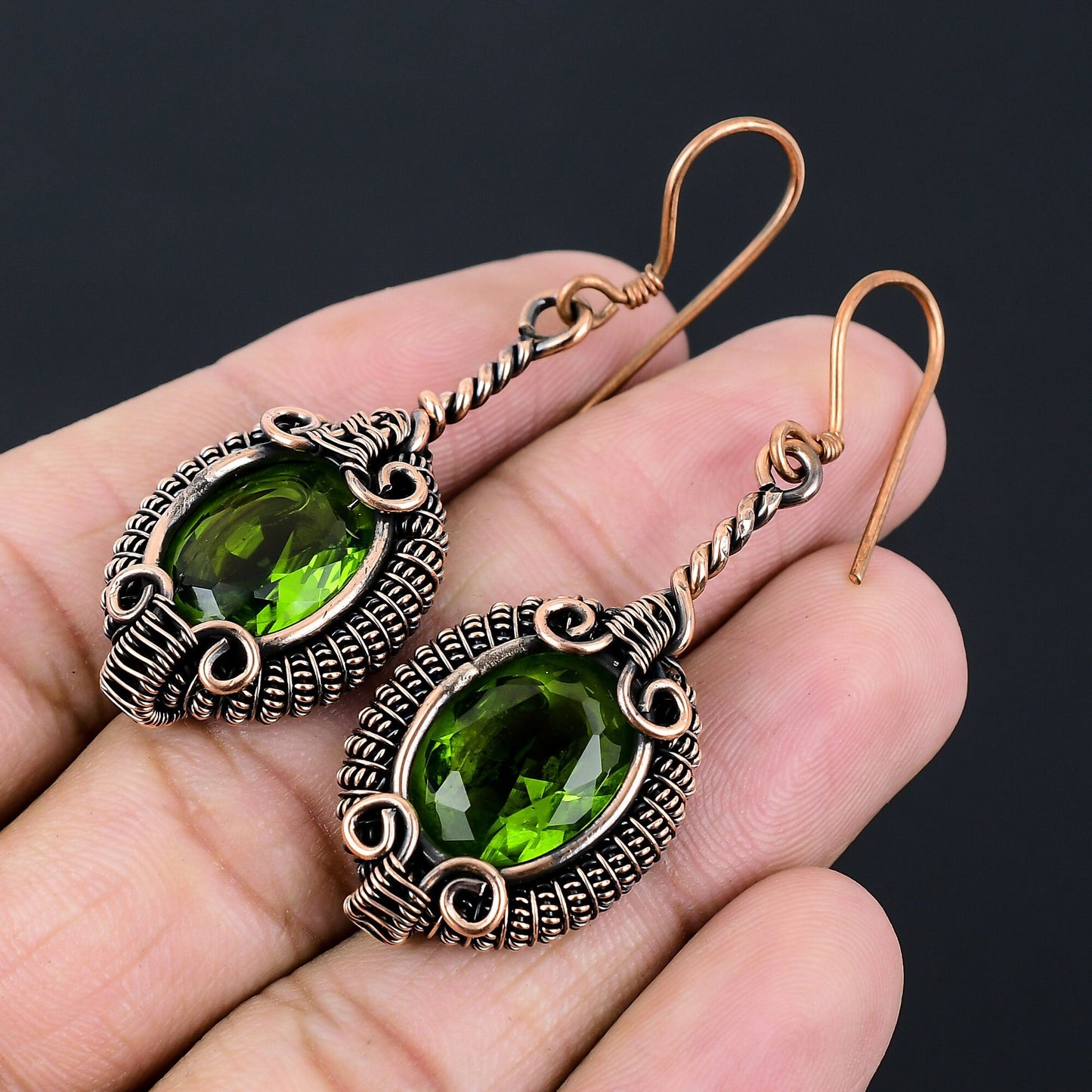 Green Peridot Gemstone Copper Dangle Earrings