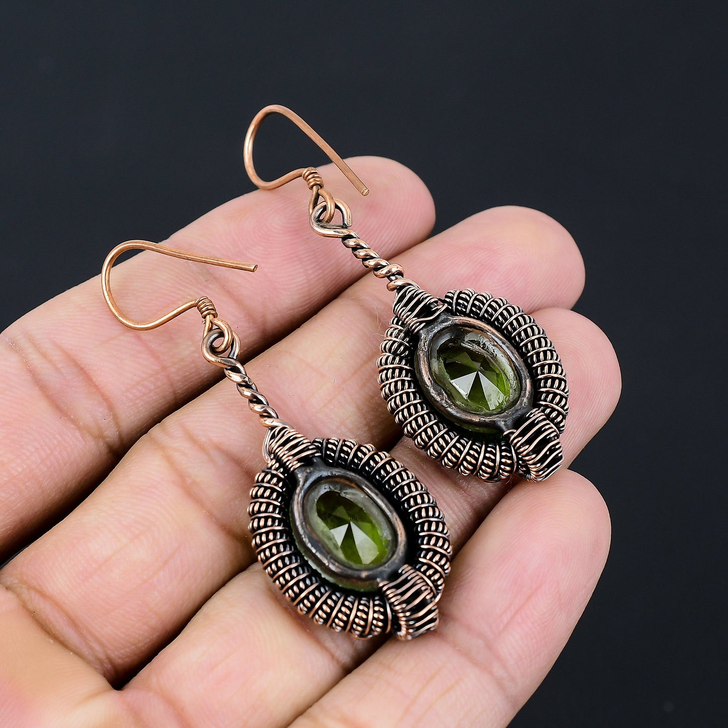 Green Peridot Gemstone Copper Dangle Earrings
