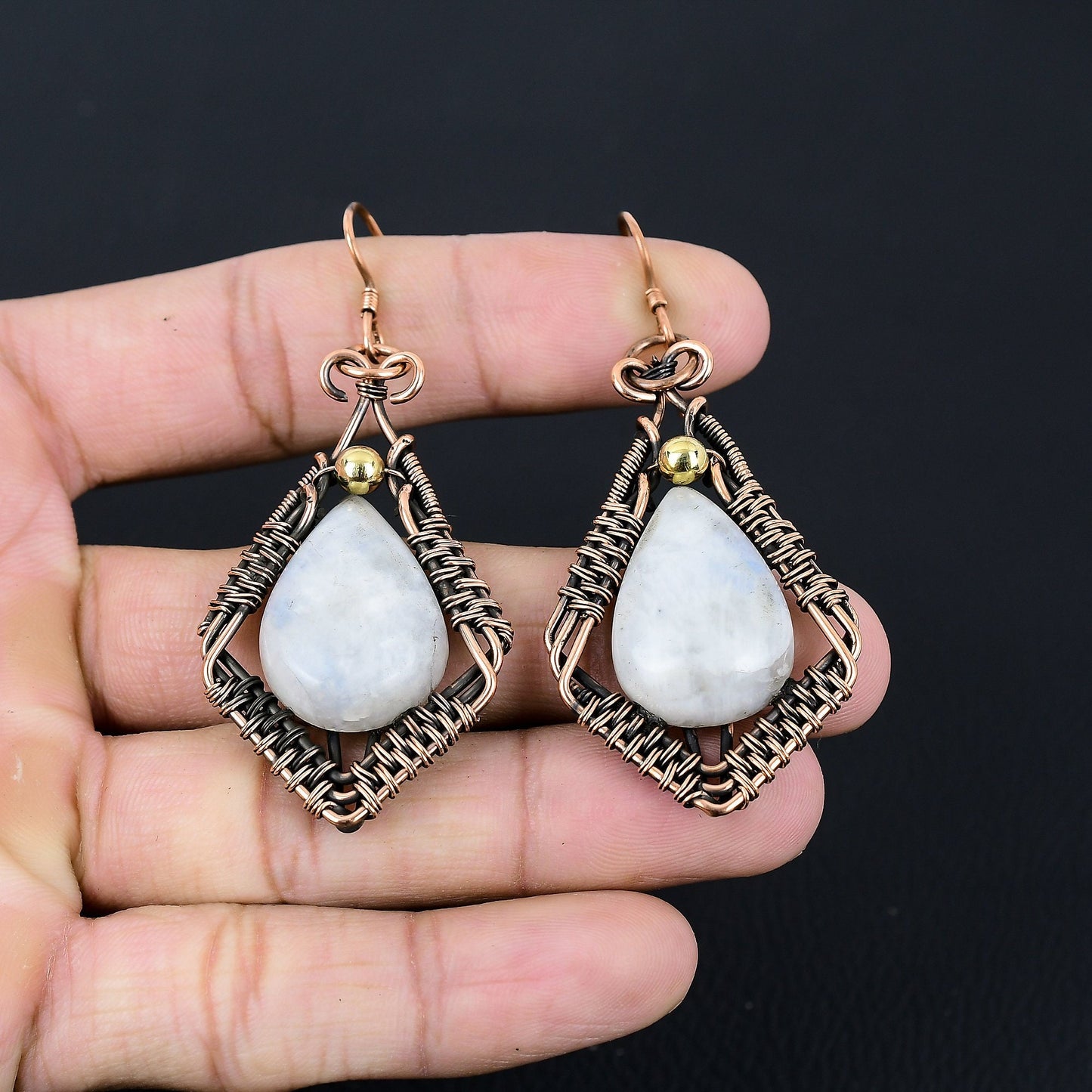 White Moonstone Gemstone Copper Wire Wrapped Earrings