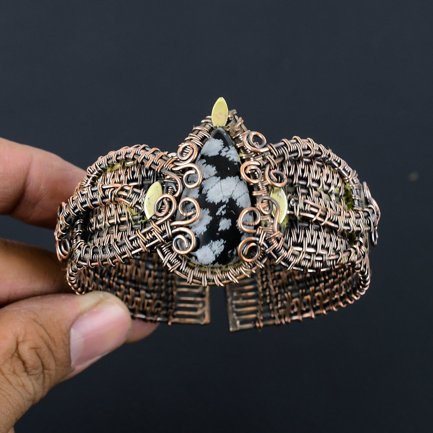 Black Snowflake Obsidian Gemstone Copper Cuff