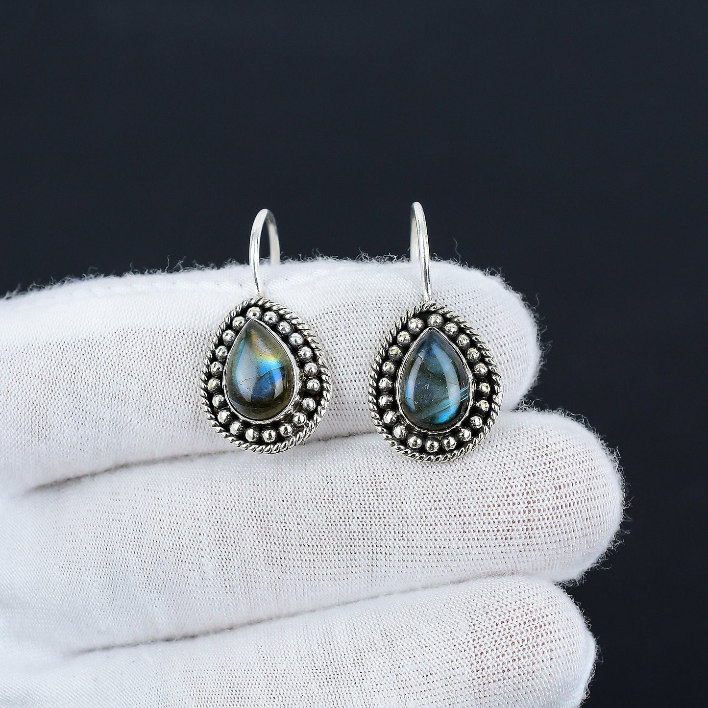 Blue-Green Labradorite Gemstone Sterling Silver Earrings