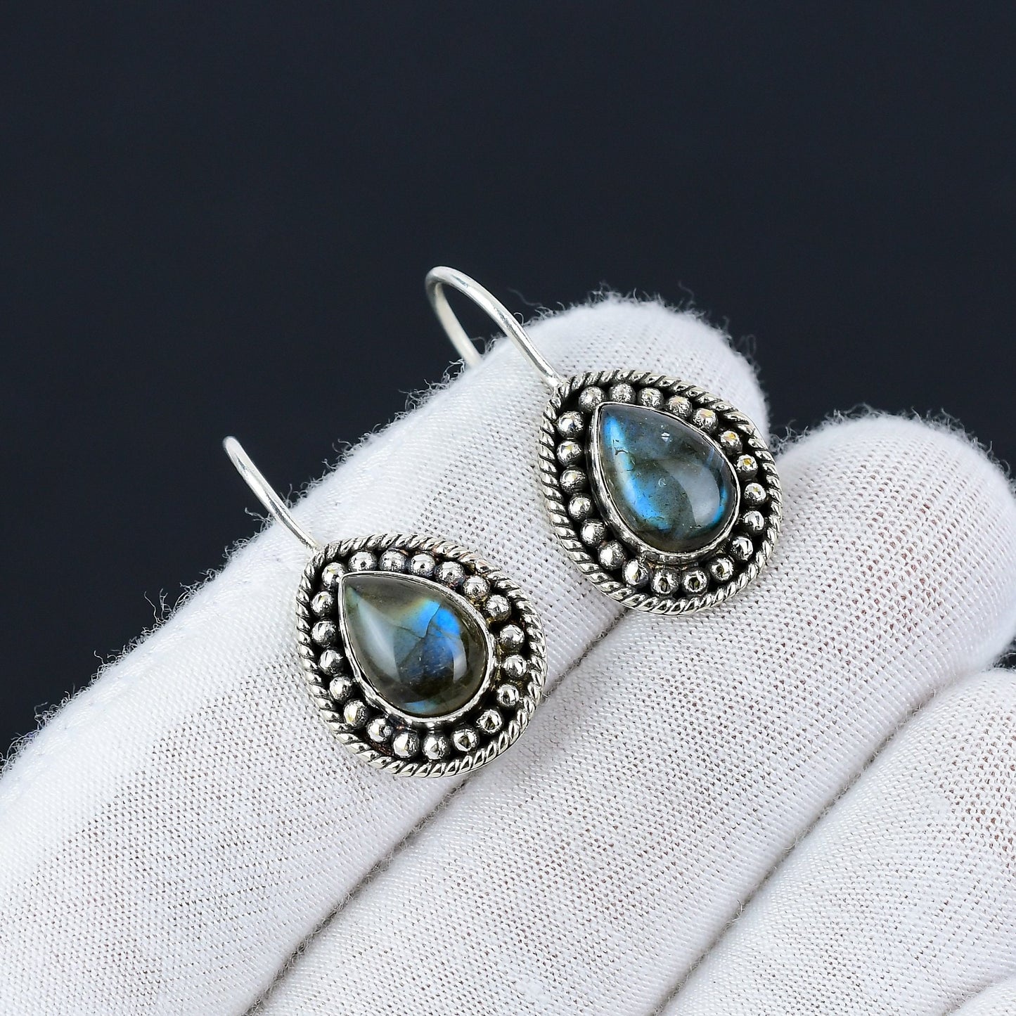 Blue-Green Labradorite Gemstone Sterling Silver Earrings