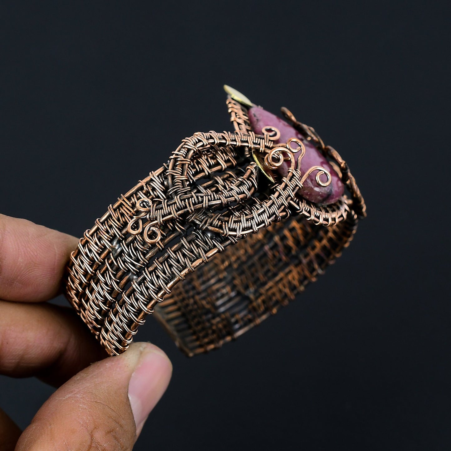 Pink Rhodonite Gemstone Copper Cuff Bracelet