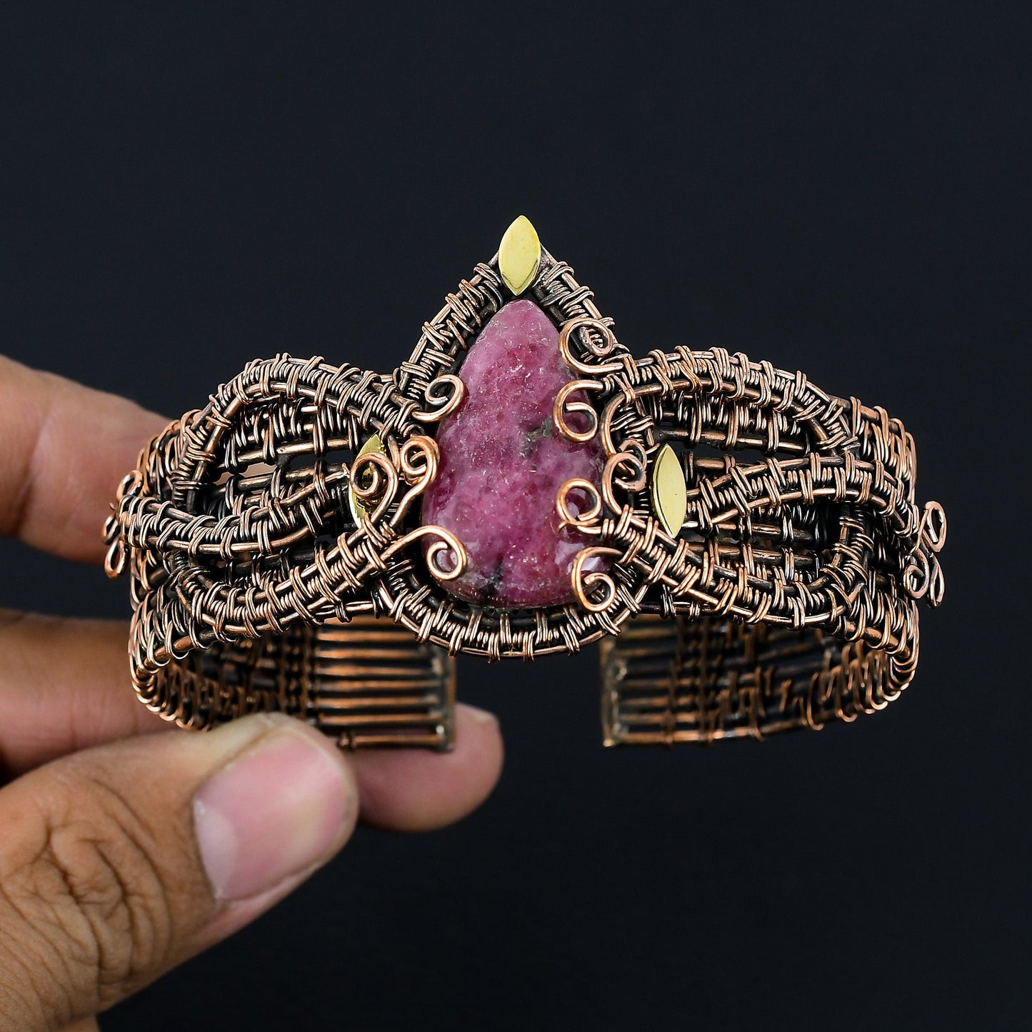 Pink Rhodonite Gemstone Copper Cuff Bracelet