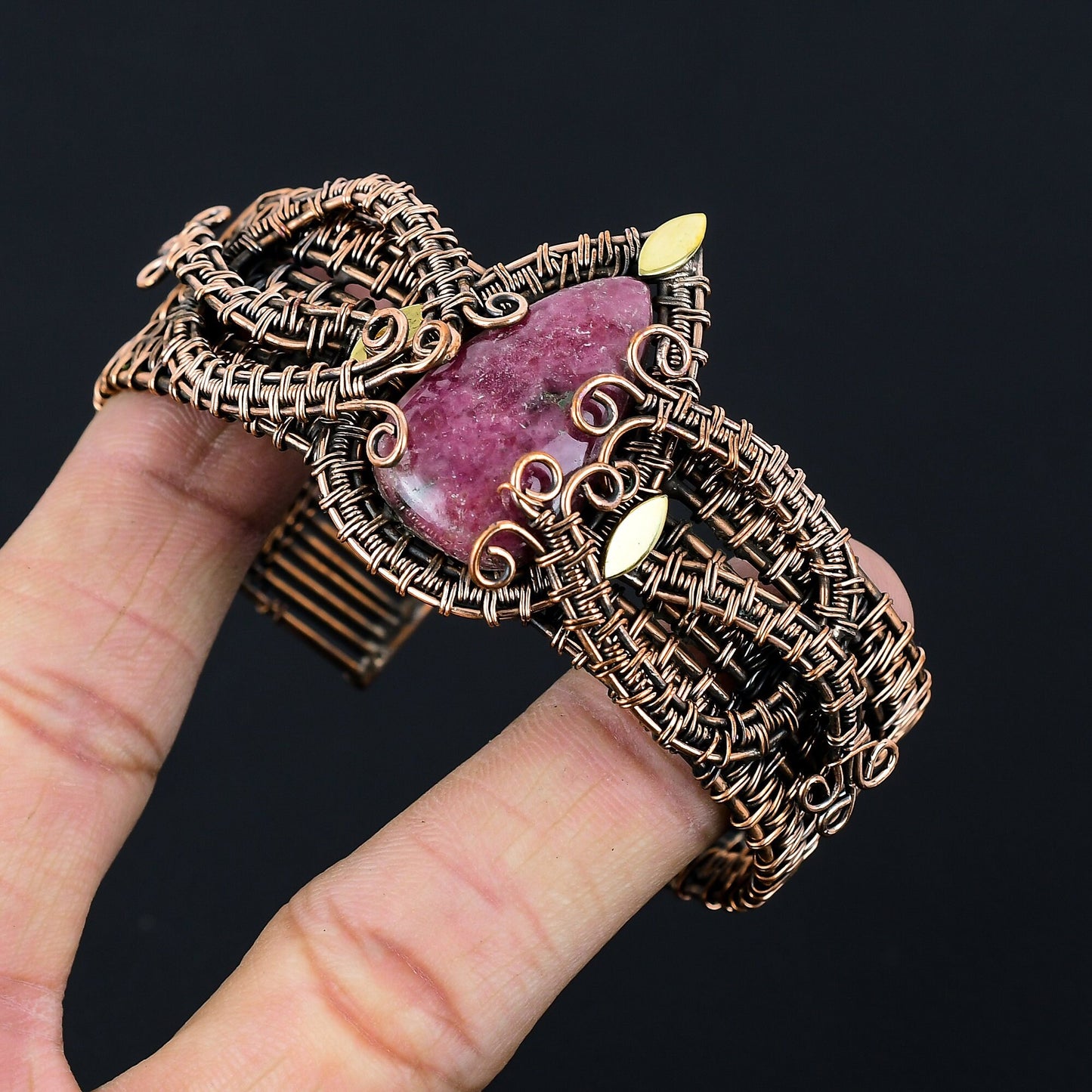 Pink Rhodonite Gemstone Copper Cuff Bracelet