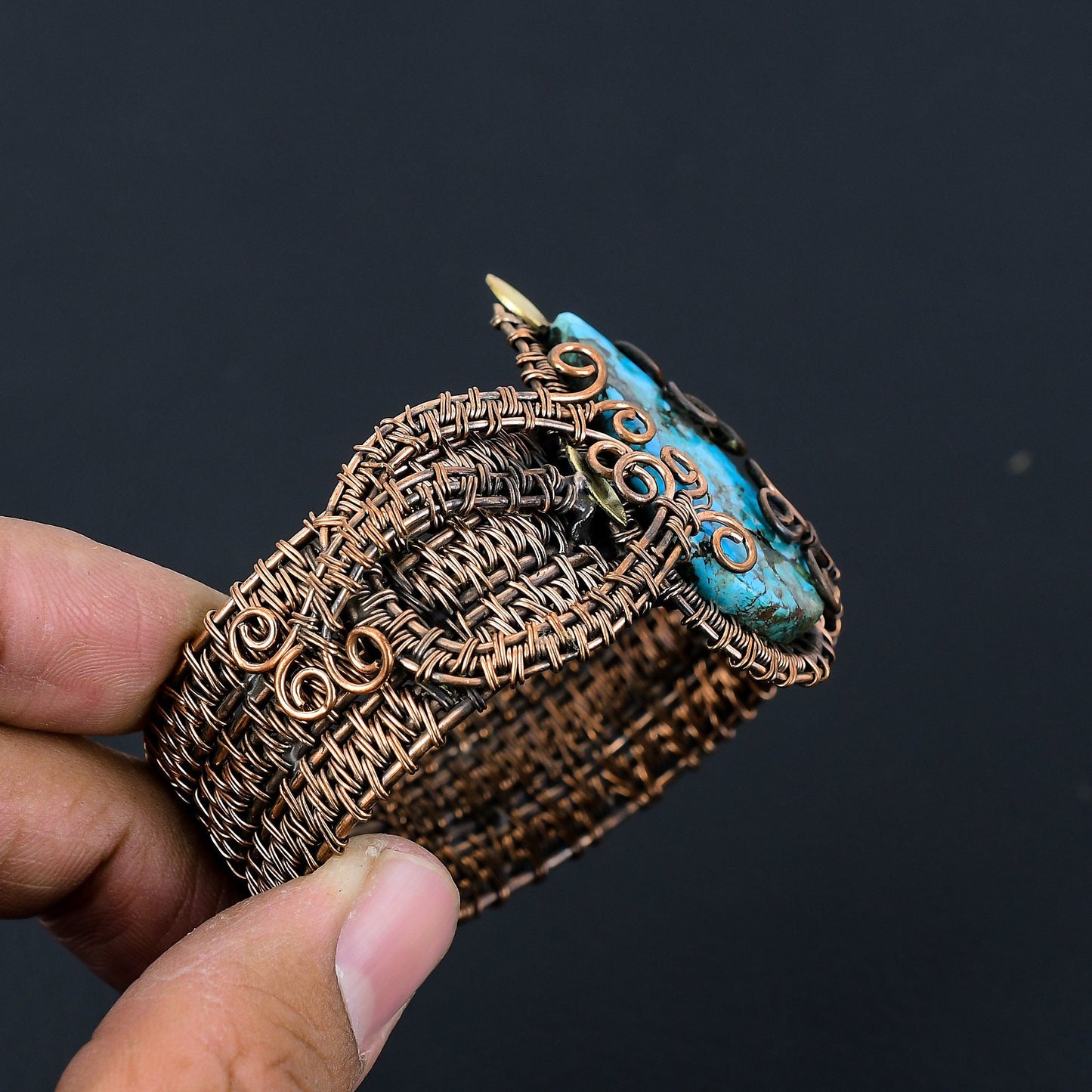 Turquoise Gemstone Wire Wrapped Copper Cuff Bracelet