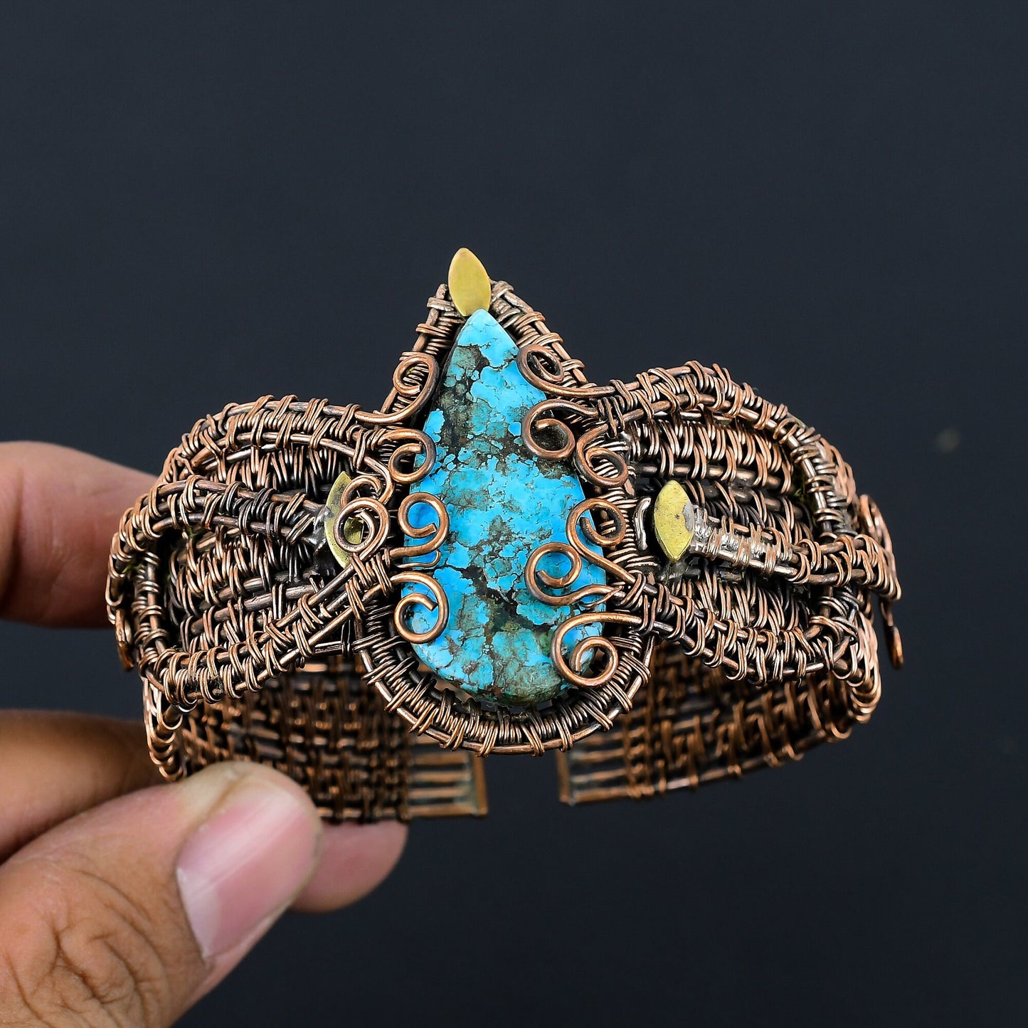 Turquoise Gemstone Wire Wrapped Copper Cuff Bracelet