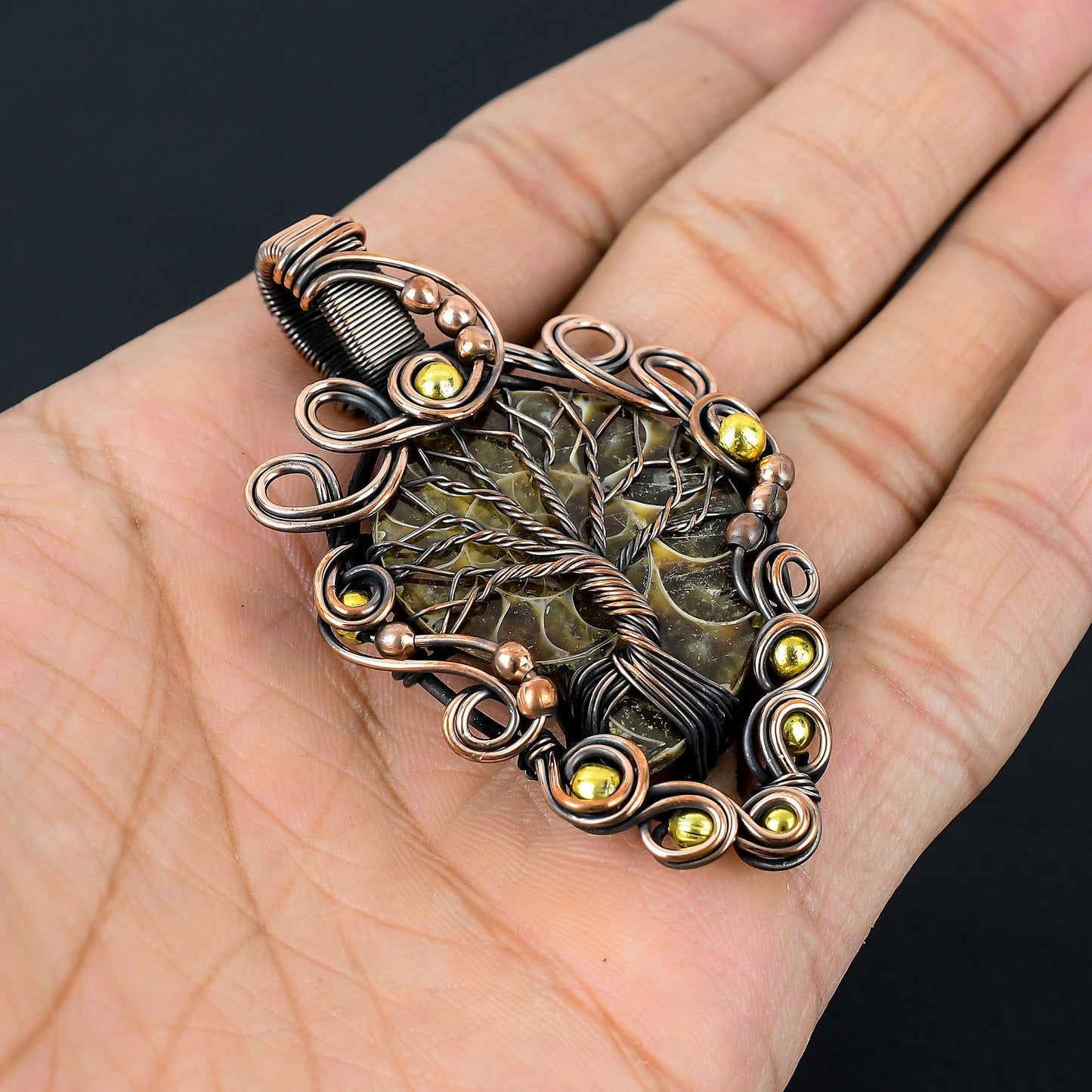 Copper Ammonite Fossil Gemstone Pendant