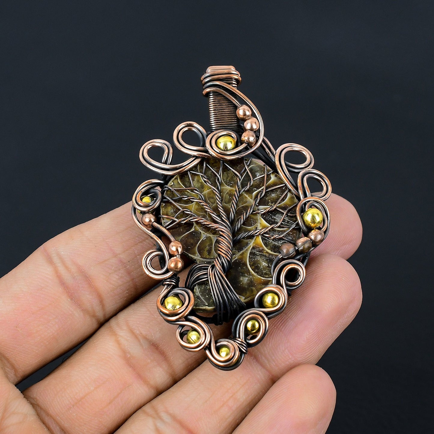 Copper Ammonite Fossil Gemstone Pendant
