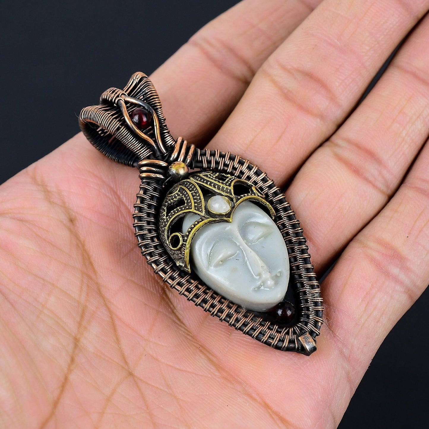 Grey Carved Bone Face Gemstone Pendant