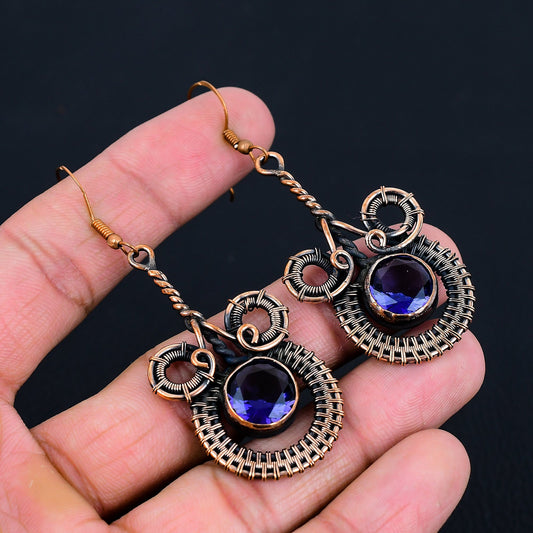 Purple Amethyst Gemstone Copper Dangle Earrings