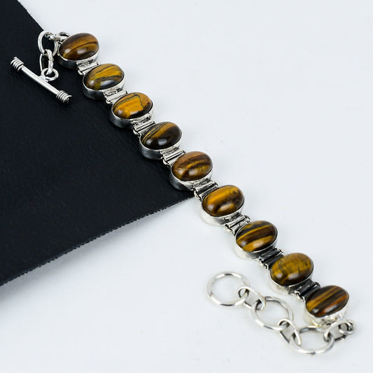 Golden Brown Tiger Eye Gemstone Sterling Silver Bracelet