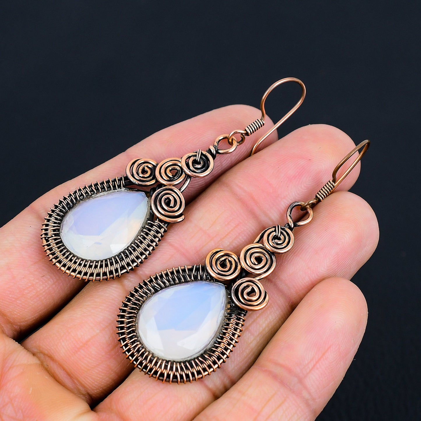 Milky White Opal Gemstone Copper Earrings