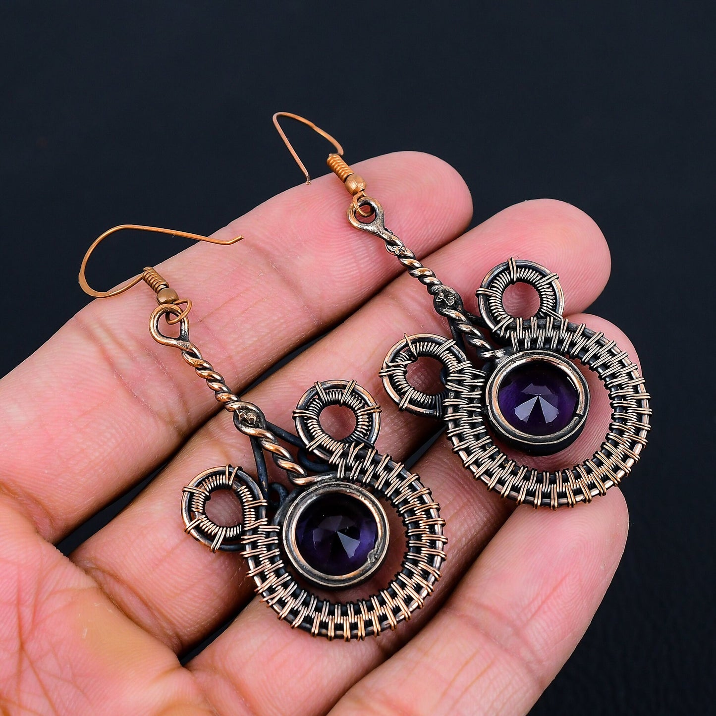 Purple Amethyst Gemstone Copper Dangle Earrings