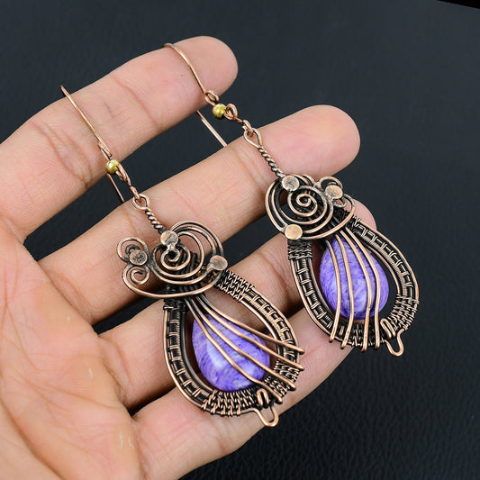 Purple Charoite Gemstone Copper Earrings