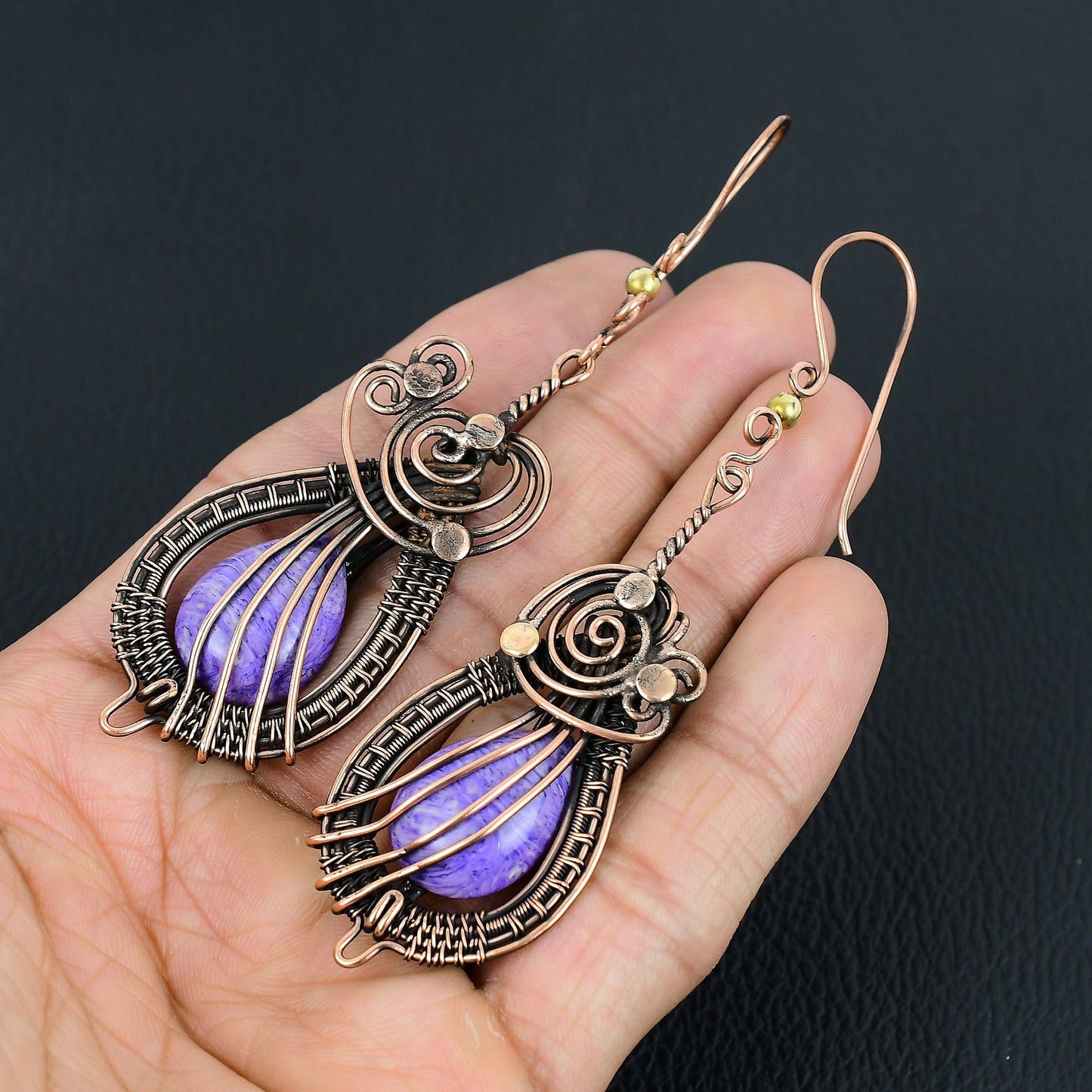 Purple Charoite Gemstone Copper Earrings