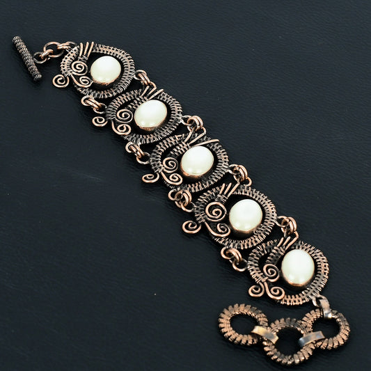 White Mother of Pearl Gemstone Wire Copper Bangle