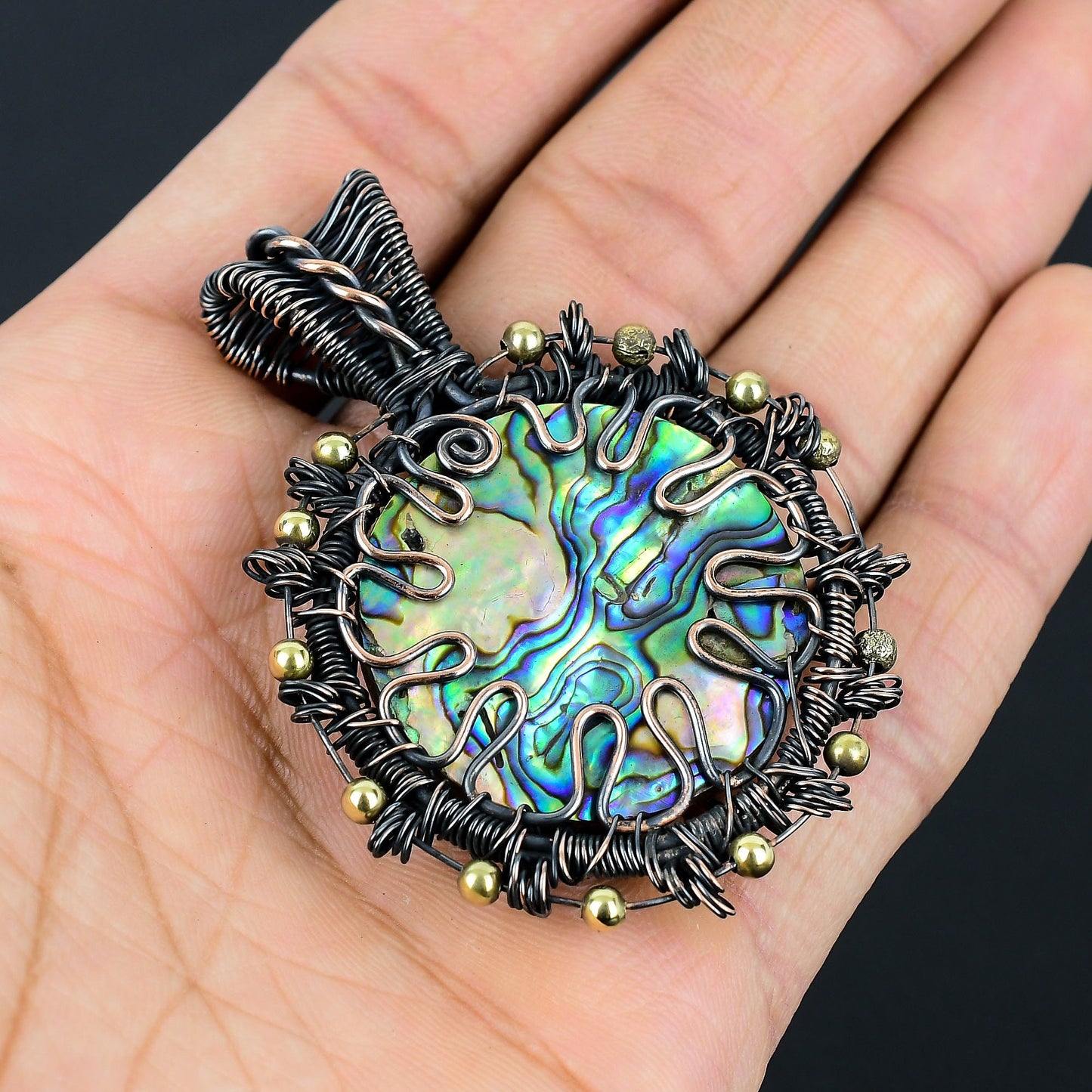 Iridescent Abalone Gemstone Copper Wrapped Pendant