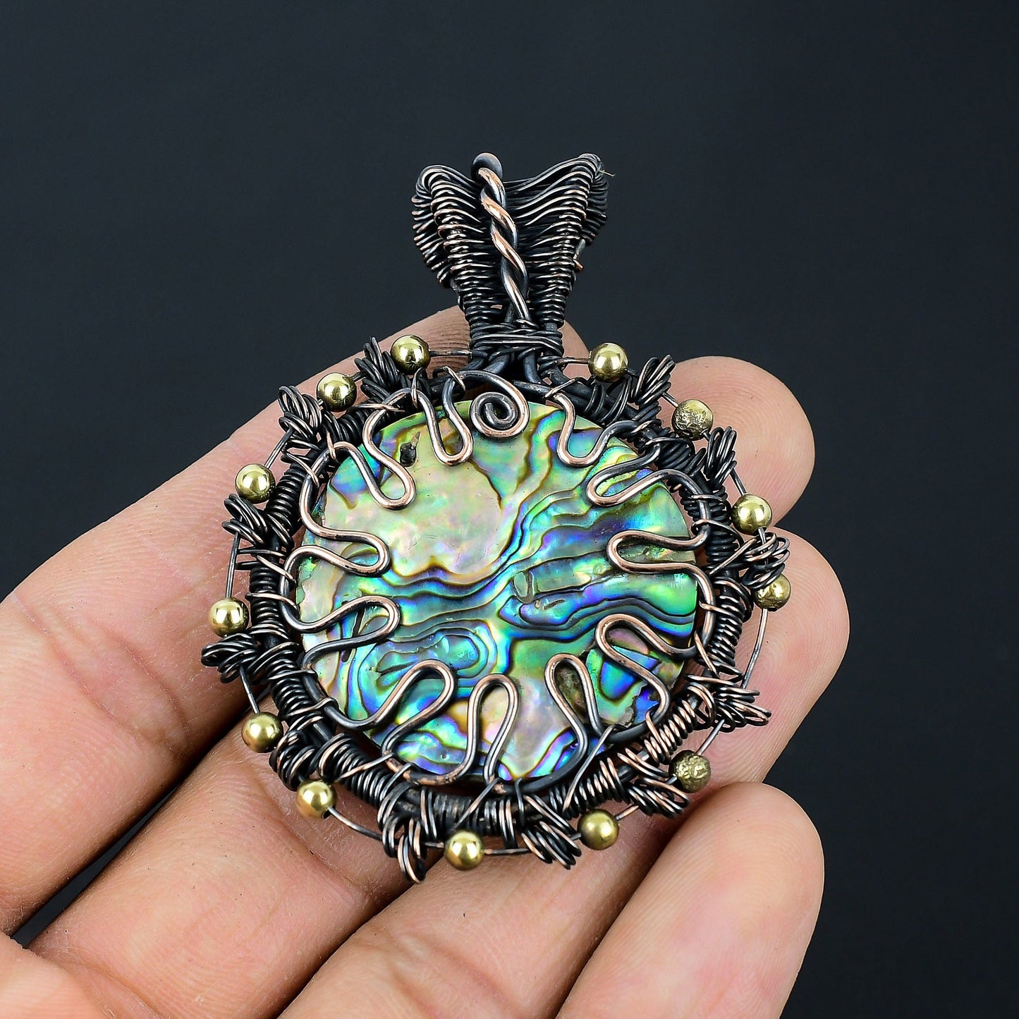 Iridescent Abalone Gemstone Copper Wrapped Pendant