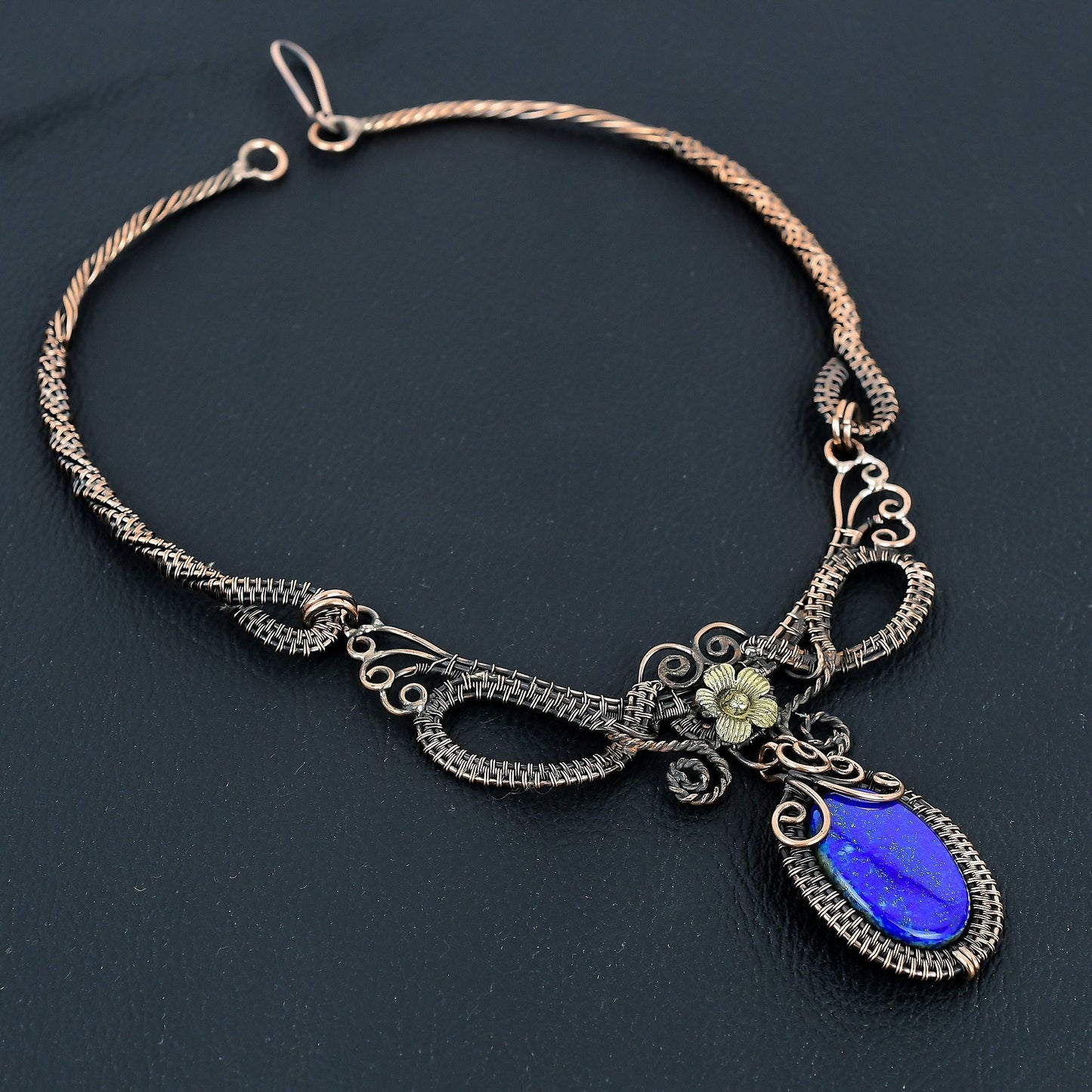 Lapis Lazuli Blue Gemstone Copper Wire-Wrap Necklace