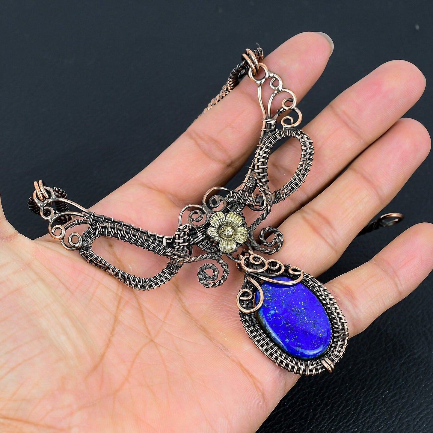 Lapis Lazuli Blue Gemstone Copper Wire-Wrap Necklace