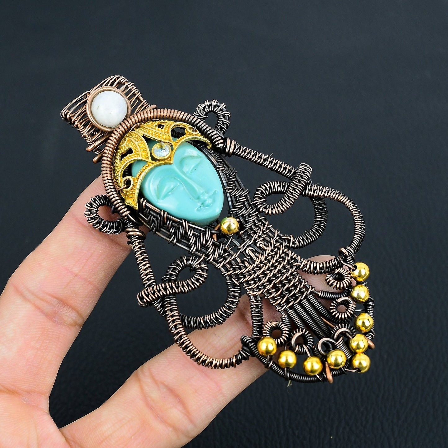 Sea Green Carved Bone Lady Face Gemstone Pendant