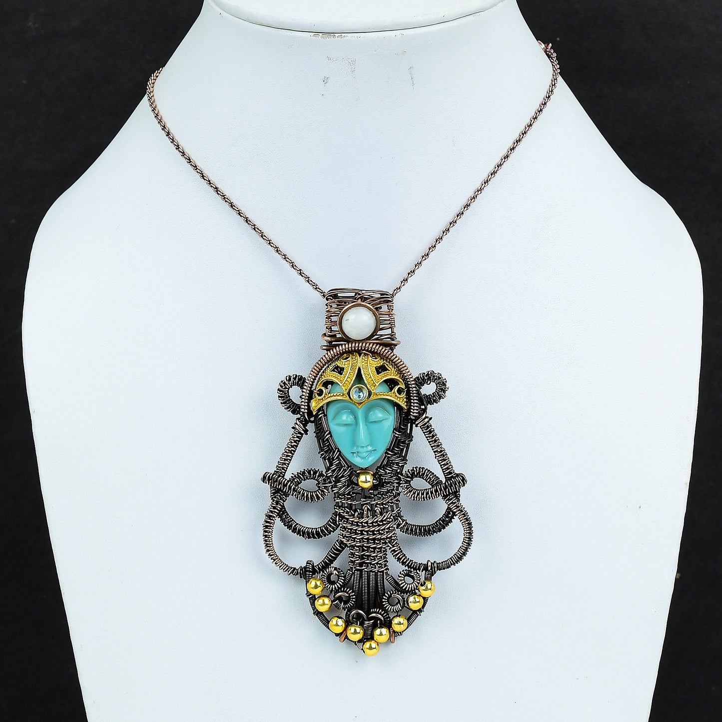 Sea Green Carved Bone Lady Face Gemstone Pendant