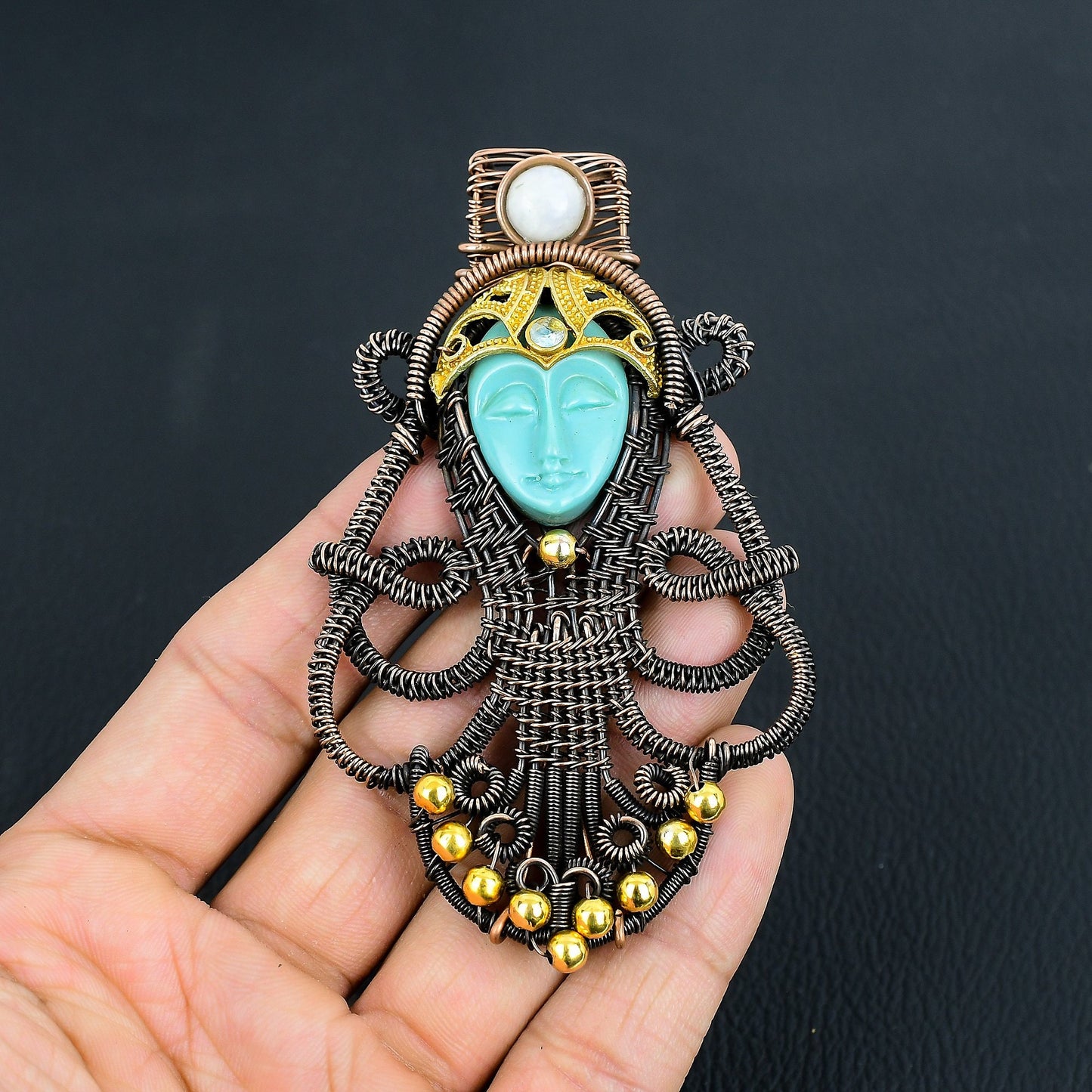 Sea Green Carved Bone Lady Face Gemstone Pendant
