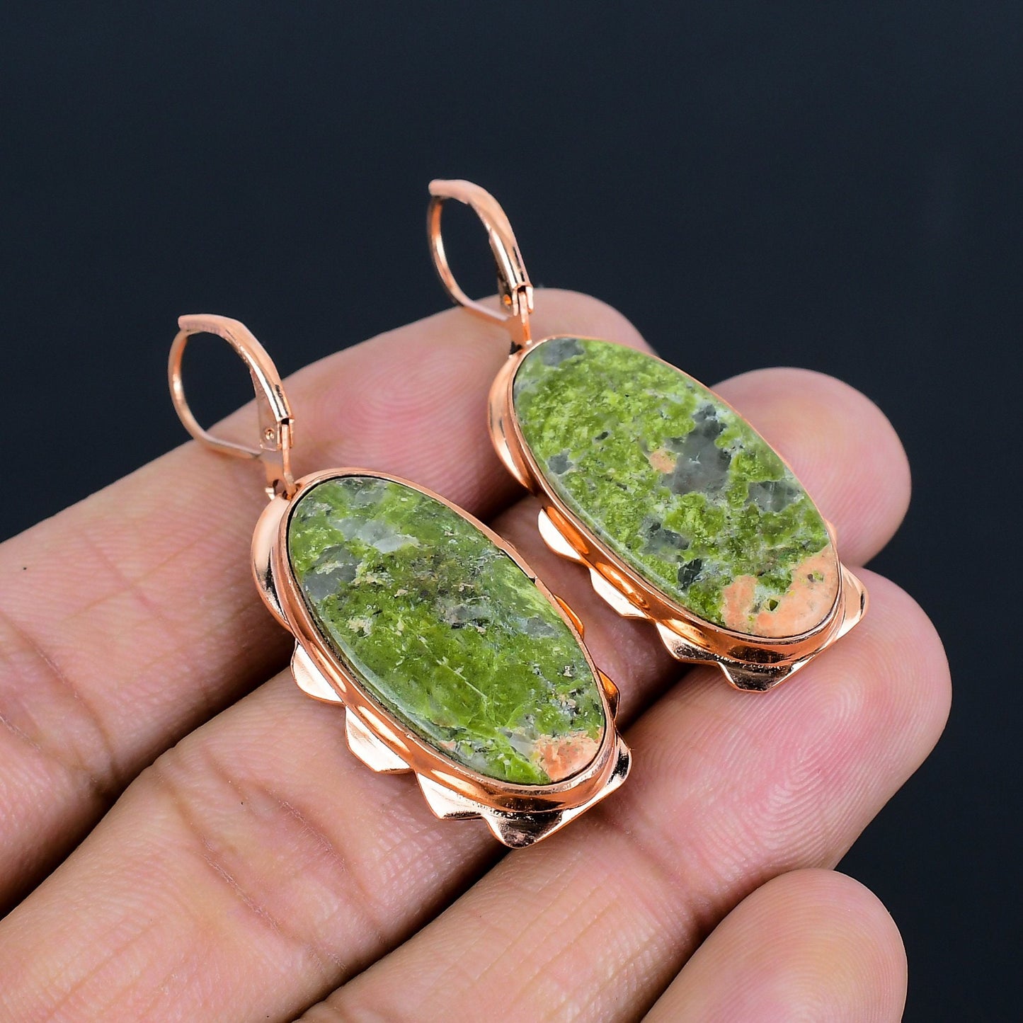 Green-Pink Unakite Gemstone Copper Earrings