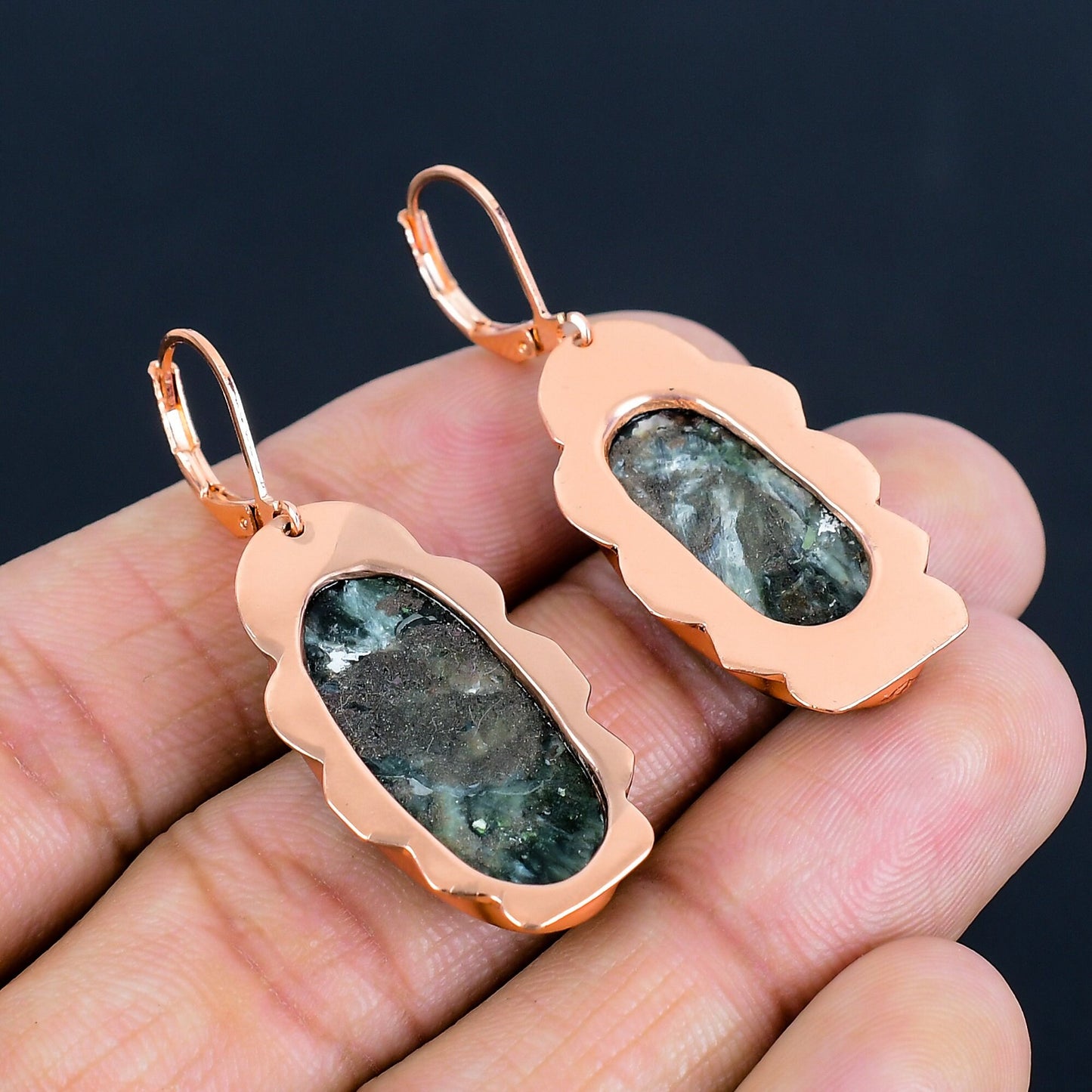 Green Seraphinite Gemstone Copper Leverback Earrings