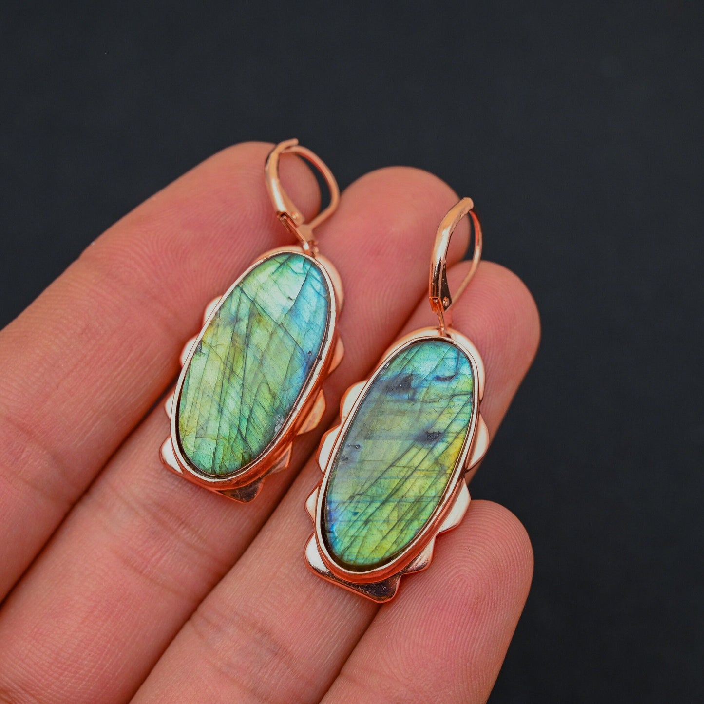 Blue Flash Labradorite Gemstone Lever-Back Earrings