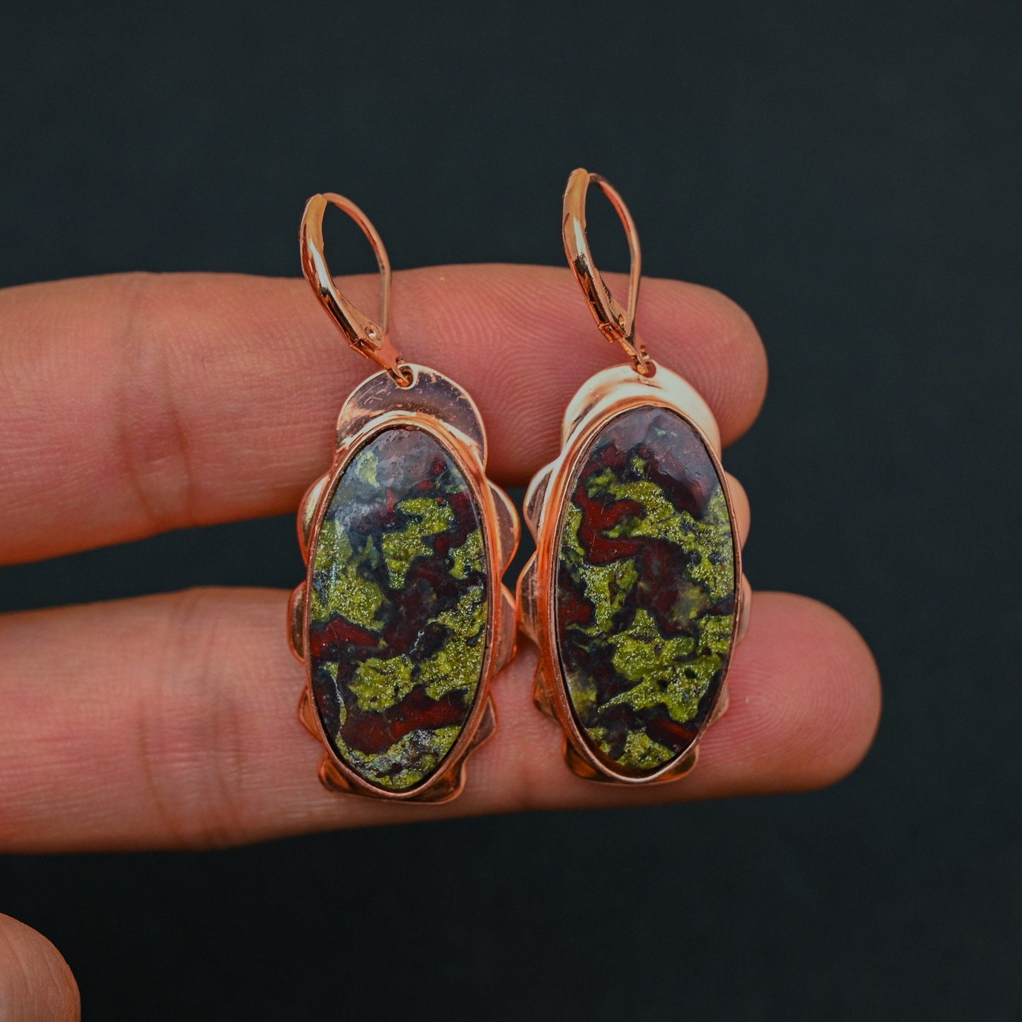 Green Red Dragon Bloodstone Gemstone Earrings