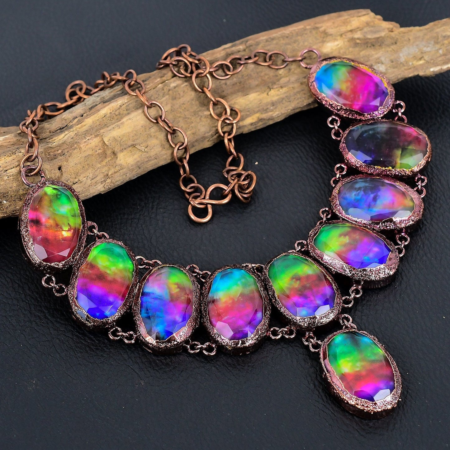 Rainbow Ammolite Gemstone Copper Necklace