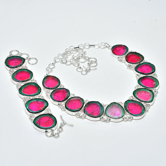Watermelon Tourmaline Gemstone Bracelet & Necklace Set