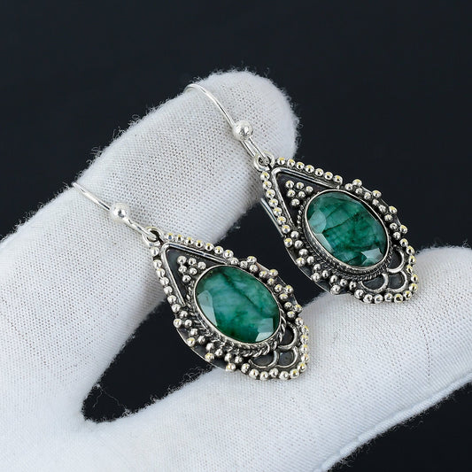 Emerald Gemstone Sterling Silver Earrings
