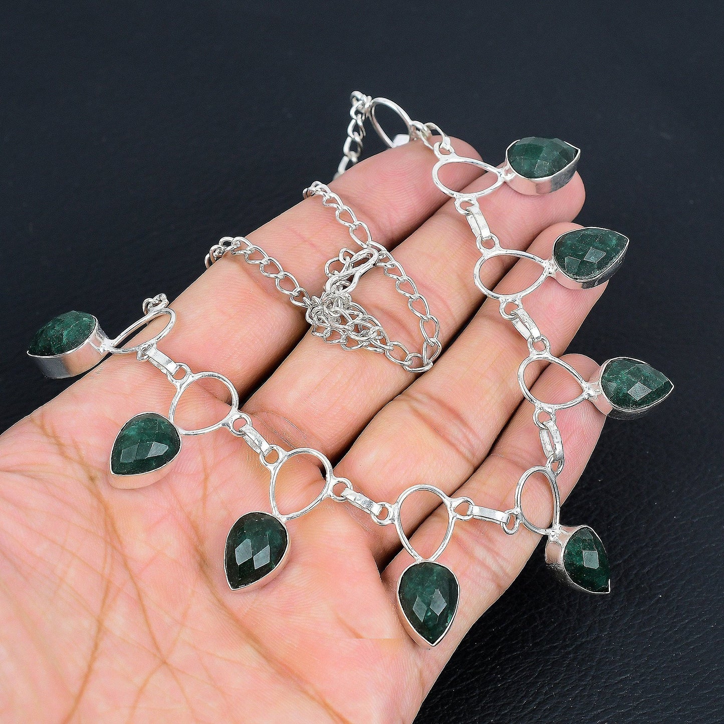 Sterling Silver Faceted Emerald Necklace