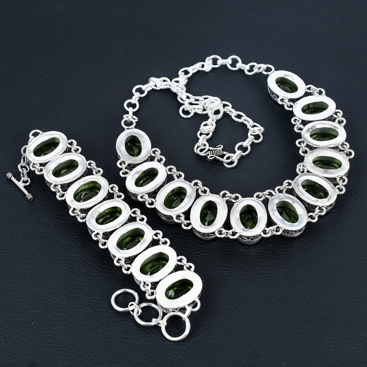 Green Peridot Gemstone Necklace & Bracelet Set