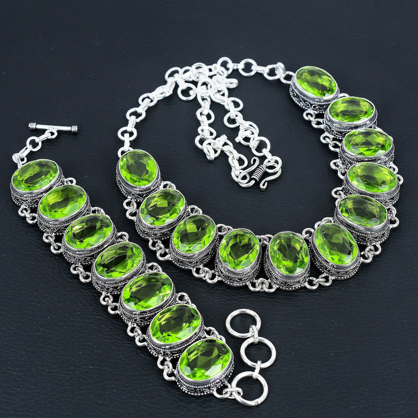 Green Peridot Gemstone Necklace & Bracelet Set