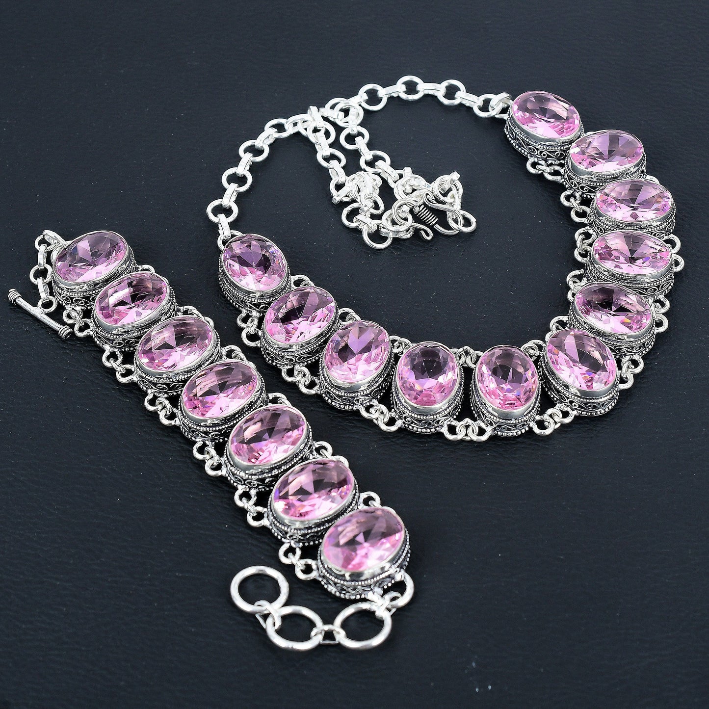 Pink Kunzite Sterling Silver Necklace & Bracelet Set