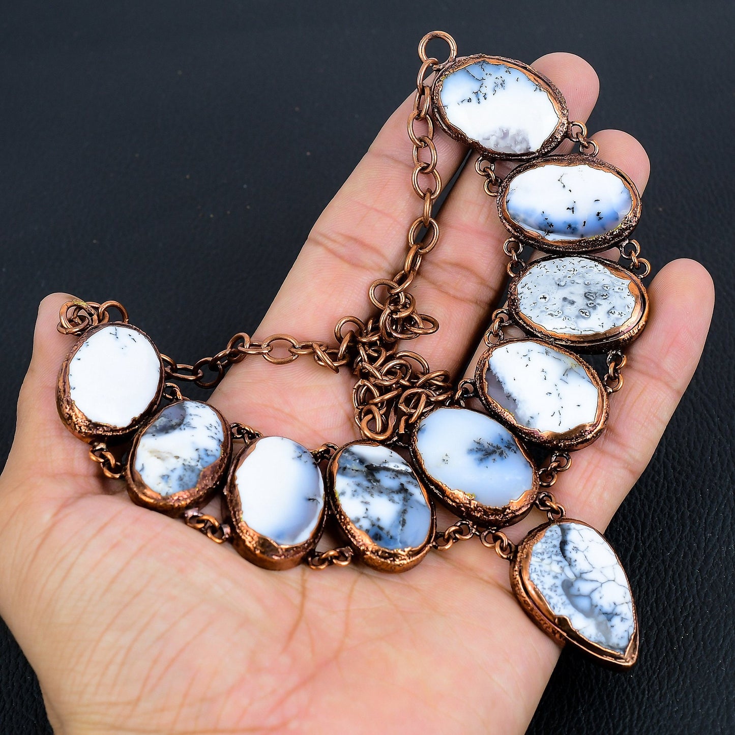 White & Black Dendrite Opal Gemstone Necklace