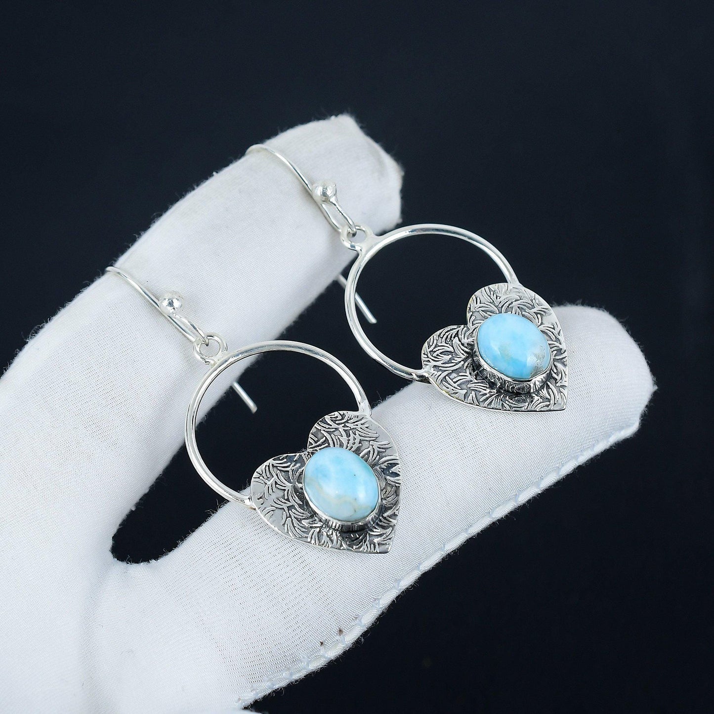 Blue Larimar Gemstone Heart Hoop Earrings